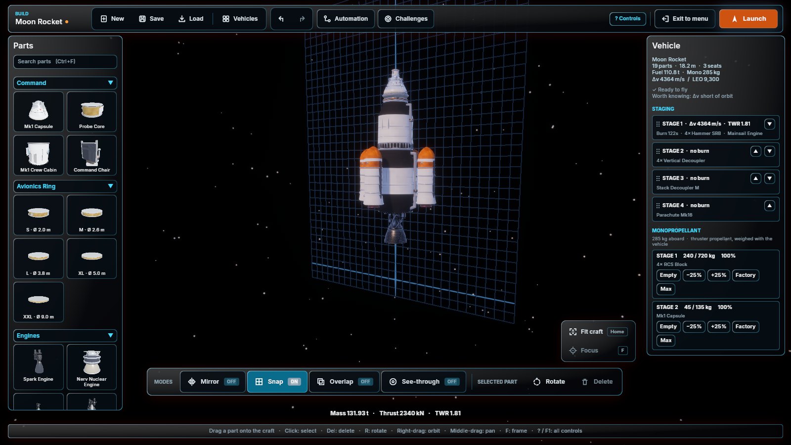 The builder with the Moon Rocket on the stand: the parts palette on the left, staging and delta-v on the right