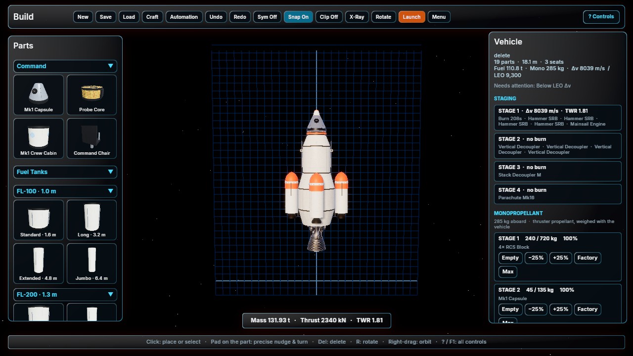 The vehicle assembly building, with a rocket under construction and the parts palette open