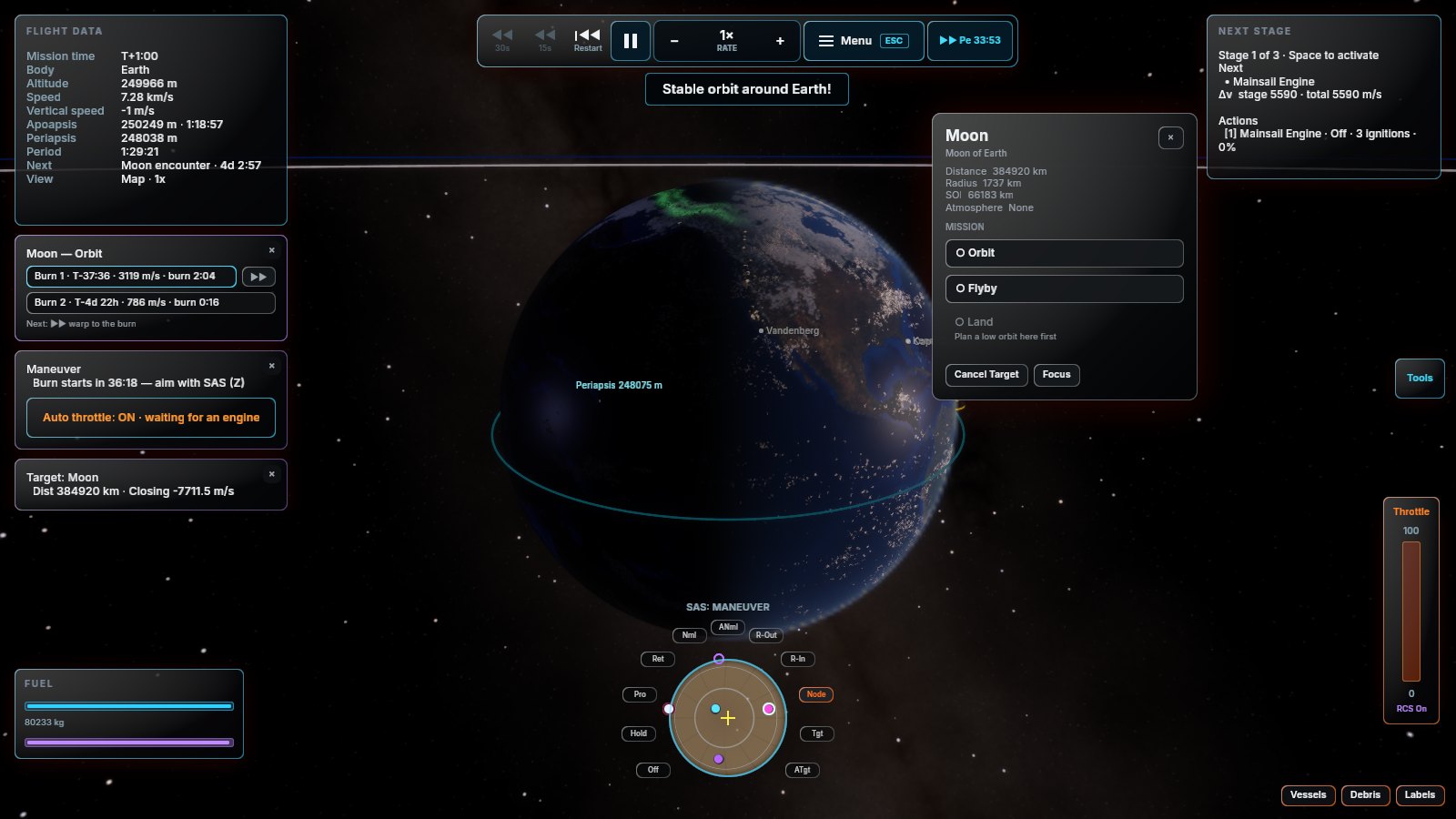 Map view with a transfer to the Moon planned from a low Earth orbit