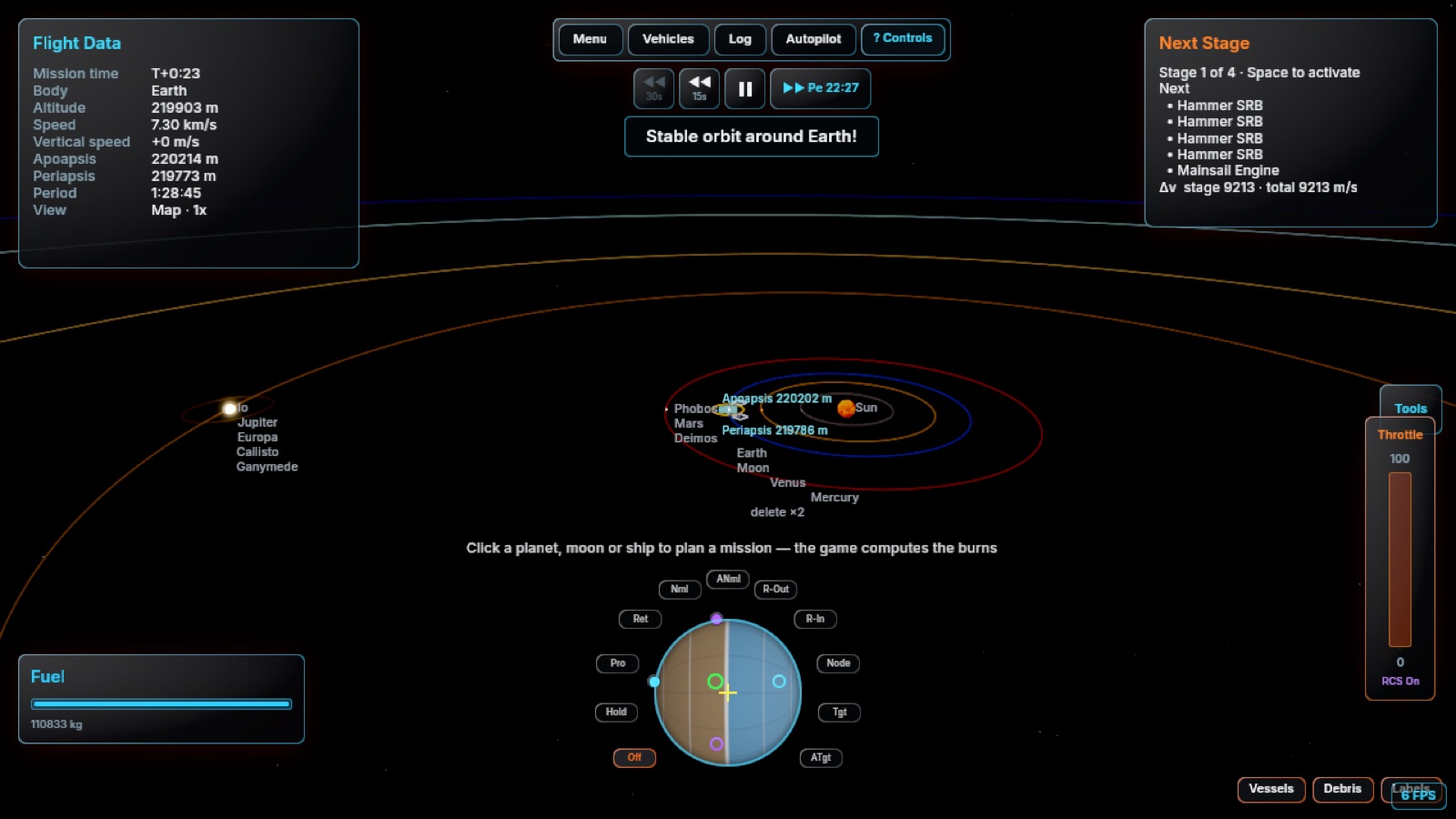 Map view showing orbital trajectories and sphere-of-influence rings
