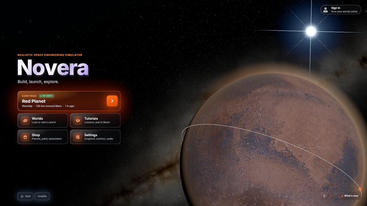 Novera's title screen: the wordmark beside Mars, with the saved Starship's orbit drawn round the planet and a Continue card to fly it