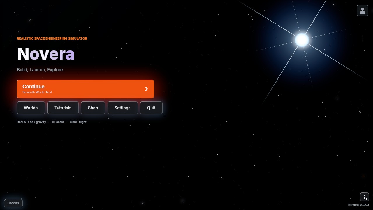 Novera's title screen: the wordmark over a starfield, with the Sun flaring at the upper right