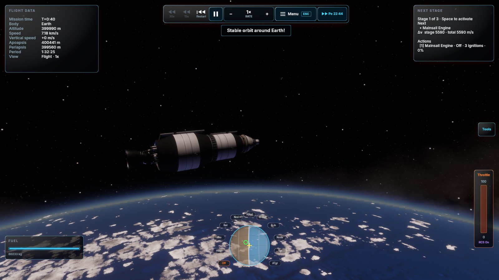 The Lunar Transfer Ship in a 400 km orbit above Earth, with the navball and orbital telemetry visible