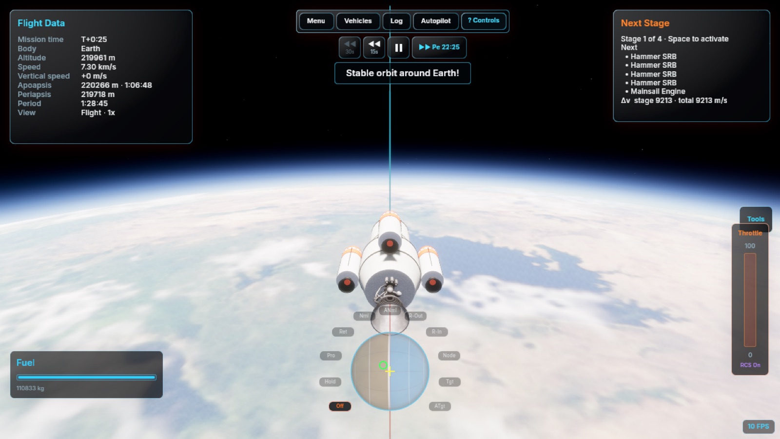 A spacecraft in orbit above Earth with the navball and orbital telemetry visible