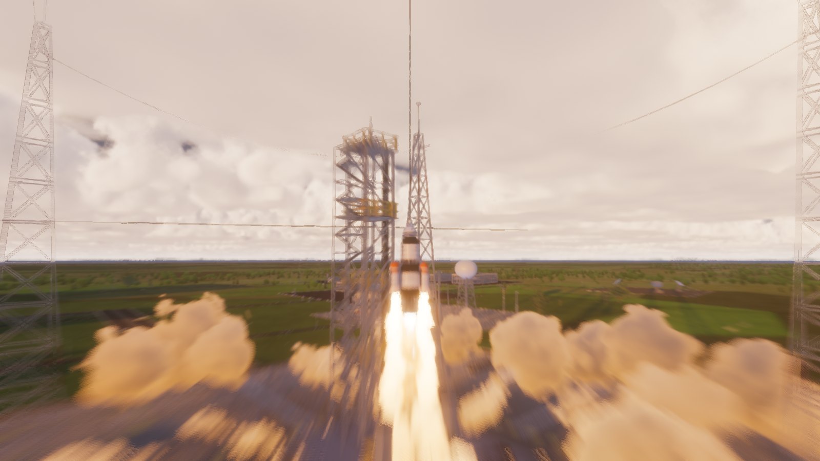 The Moon Rocket clearing the service tower at liftoff, its exhaust flashing the deluge water to steam