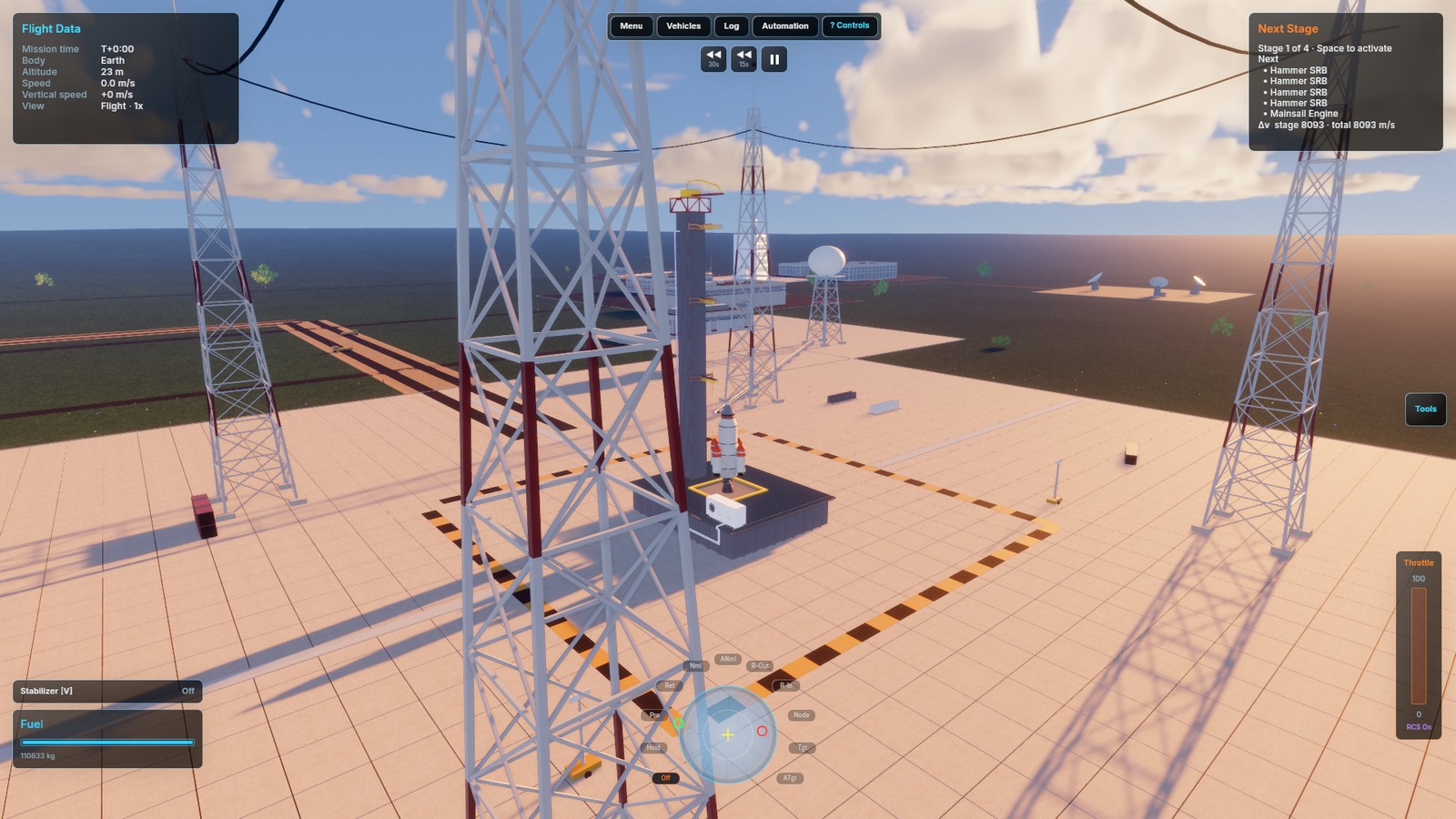 A wide view of the launch pad and the space center campus