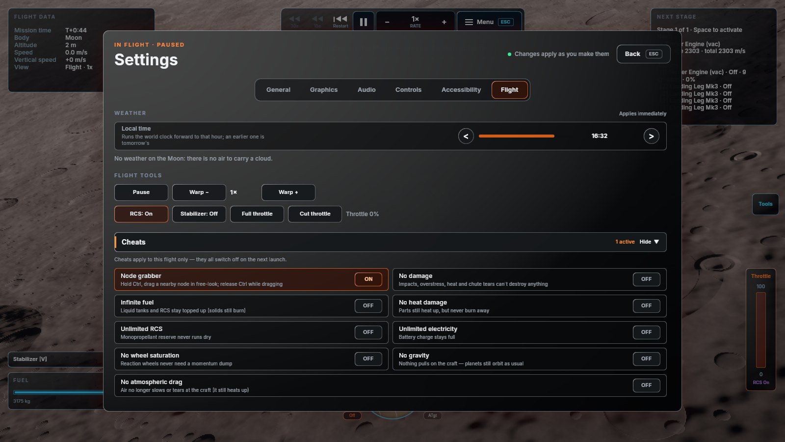 The settings screen open on the Flight tab over a lander on the Moon, listing the flight cheats