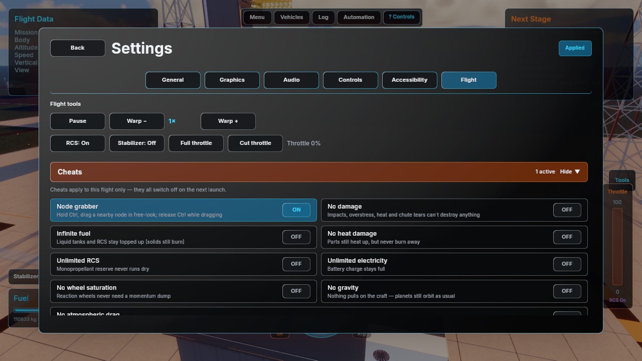 The settings screen open on the Flight tab, listing the flight cheats