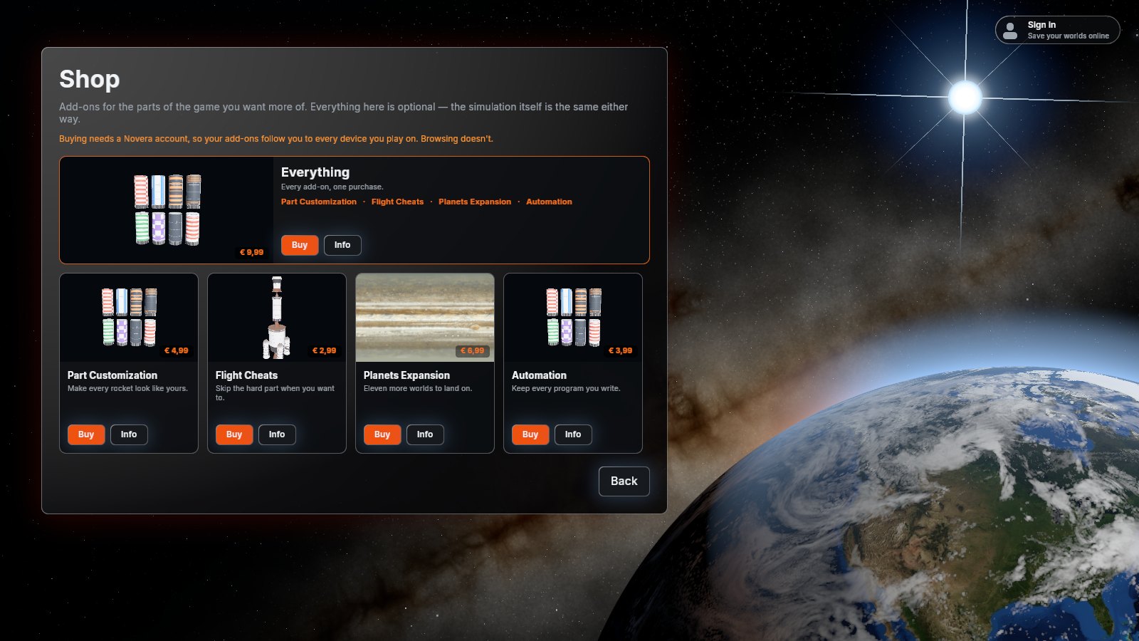 The in-game shop: part customization, flight cheats, the planets expansion and automation as cards