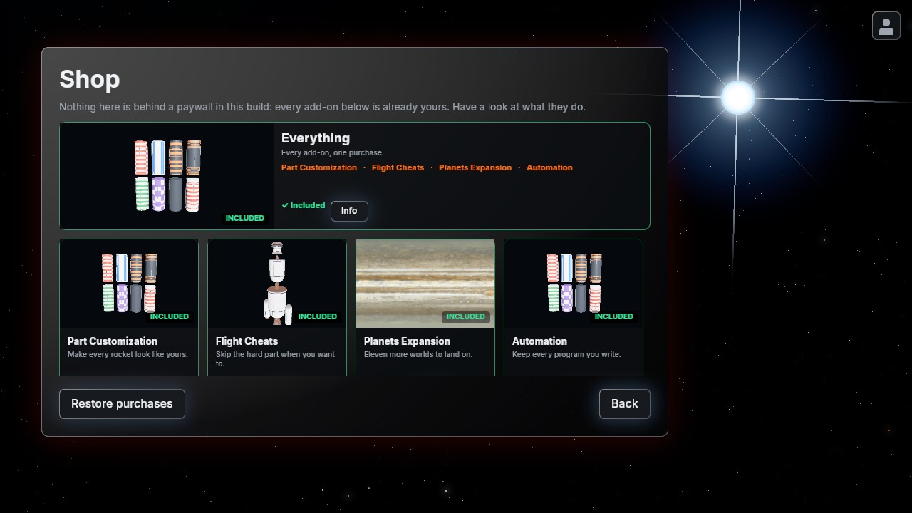 The in-game shop, showing parts and cosmetics as cards